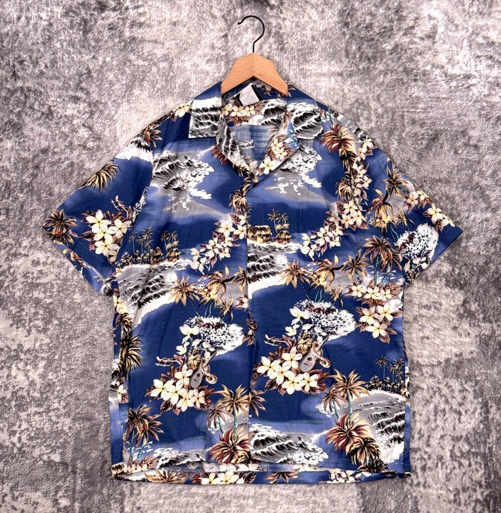 Vintage Hilo Hattie Shirt Large Mens Hawaiian Outrigger Canoe Floral Lei